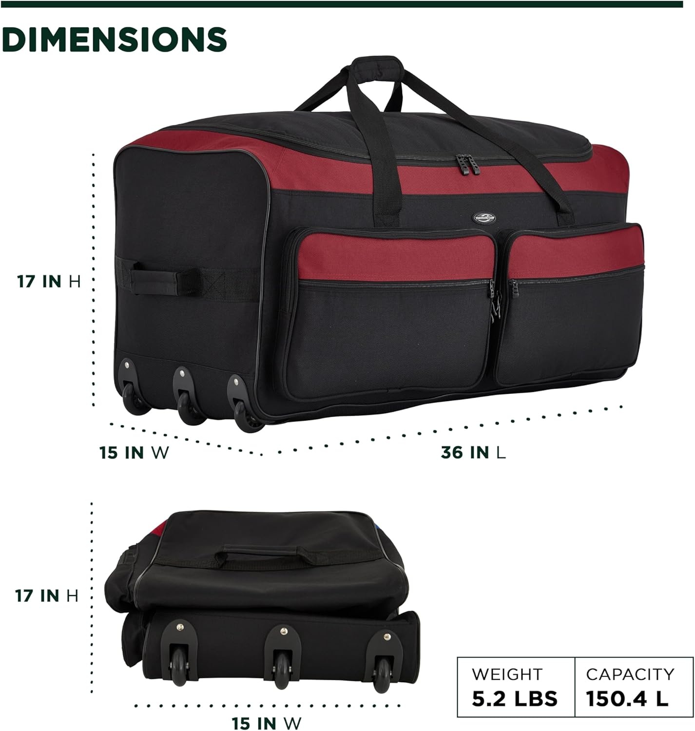 image:imageTravelers Club 36 Asgard 3Wheel Rolling Duffel BagRed