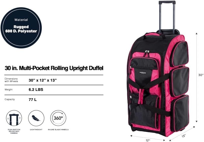 image:imageTravelers Club Xpedition 30 Inch MultiPocket Upright Rolling Duffel BagHot Pink