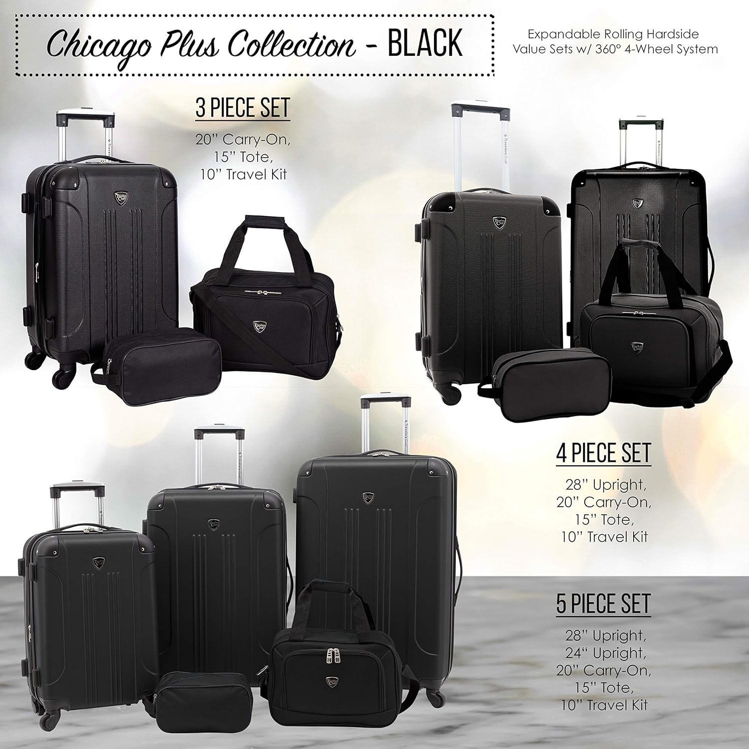 image:imageTravelers Club Chicago Hardside Expandable Spinner Luggage Apple Butter 5 Piece SetBlack