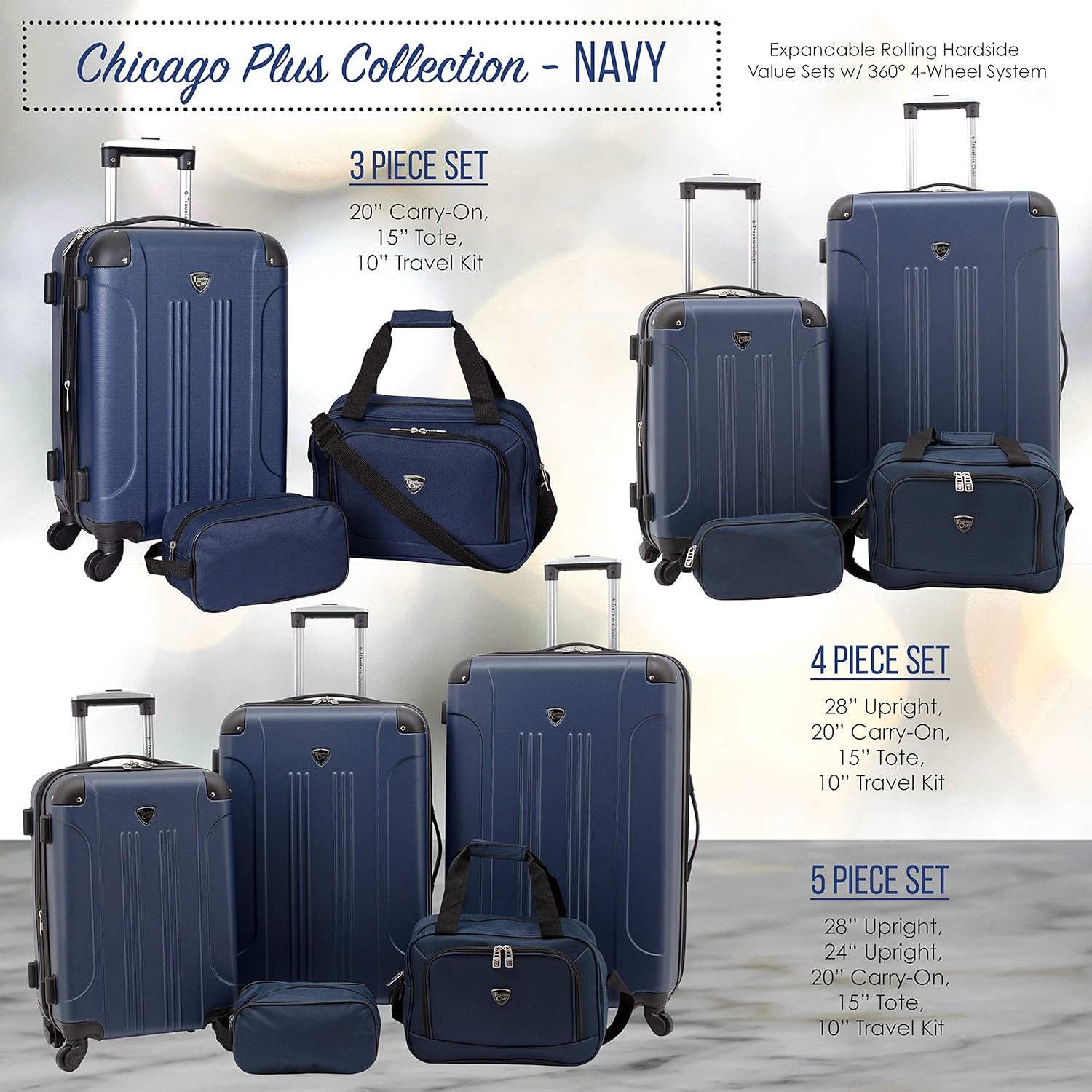 image:imageTravelers Club Chicago Hardside Expandable Spinner Luggage Apple Butter 5 Piece SetNavy Blue