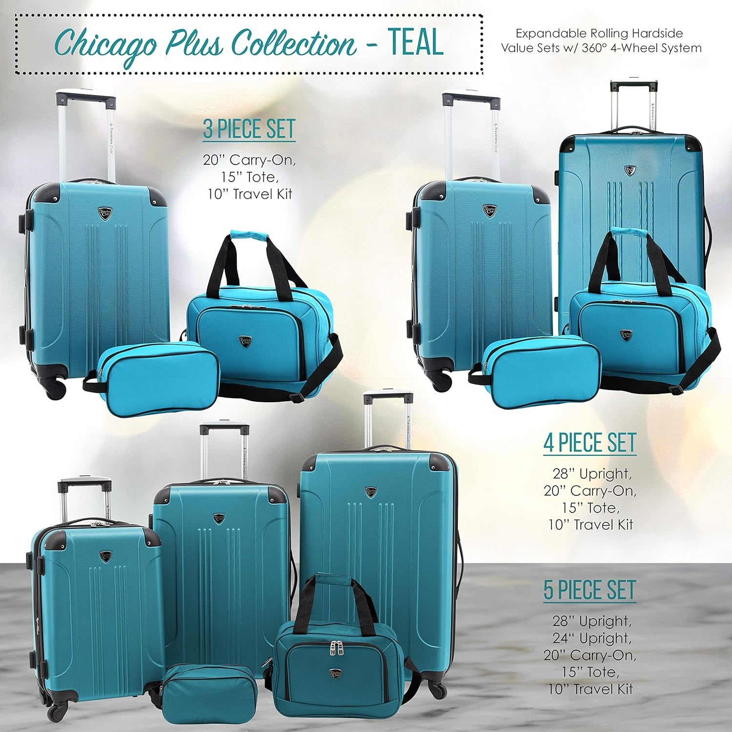 image:imageTravelers Club Chicago Hardside Expandable Spinner Luggage Apple Butter 5 Piece SetTeal